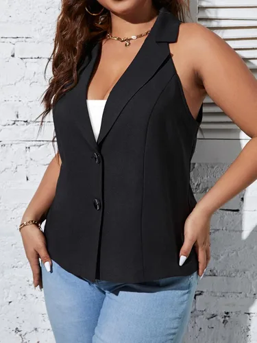 Vista 3 de MakeMeChic Chaqueta sin mangas con cuello de solapa y botones frontales para mujer, talla grande
