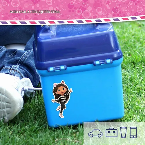 Vista 5 de DreamWorks Gabby's Dollhouse - Juego de 3 calcomanías de vinilo para botella de agua, bicicleta, casco, laptop, monopatín, coche, vinilo resistente