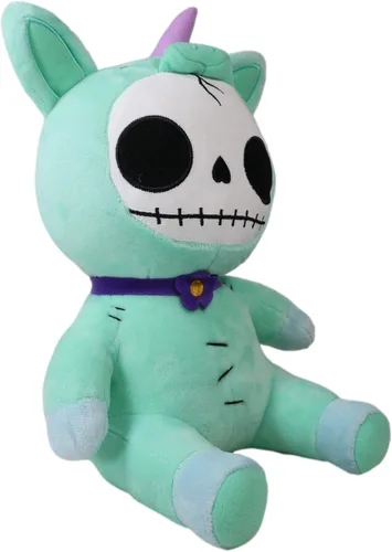 Vista 3 de Ebros Gift Furrybones más grande azul cielo unicornio encantado Unie lindo esqueleto monstruo con cuerno rosa, figura suave, huesos peludos