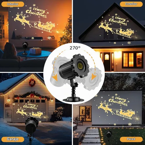 Vista 4 de Proyector de luces de Navidad dinámicas 3D para exteriores e interiores - Actualización 2025 Papá Noel en trineo Decoraciones de Navidad, luces