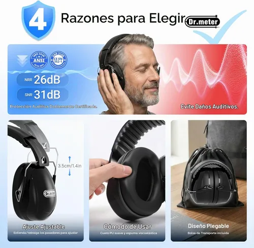 Vista 6 de Dr.meter Orejeras de protección auditiva, orejeras de seguridad con reducción de ruido de 31 dB con diadema ajustable para adultos y niños