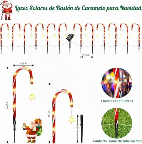 Vista 3 de Paquete de 12 luces solares de bastón de caramelo para decoración de Navidad al aire libre, impermeables, con estrella y LED brillante, 8 modos