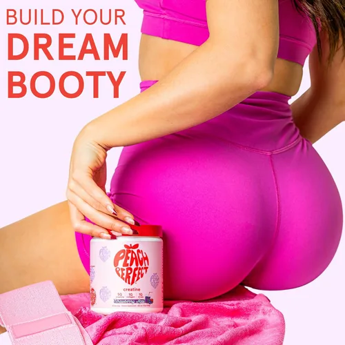 Vista 2 de Polvo de Monohidrato de Creatina Peach Perfect, Creatina para el Crecimiento de Glúteos para Mujeres con Colágeno, BCAAs, 5g de Creatina Vegana