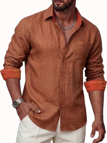 Vista 24 de Camisas de lino para hombre, casual, de manga larga, con botones, ajuste regular, cuello en contraste, con bolsillo