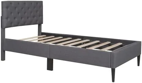 Vista 7 de Marco de cama de plataforma de tamaño individual, marco de cama tapizado de lino de diseño moderno con cabecera copetuda, cama de almacenamiento