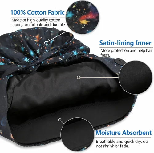 Vista 3 de QBA Gorra de trabajo ajustable con botón, gorro forrado de satén, gorro de trabajo de algodón, banda elástica para atar en la espalda, unisex