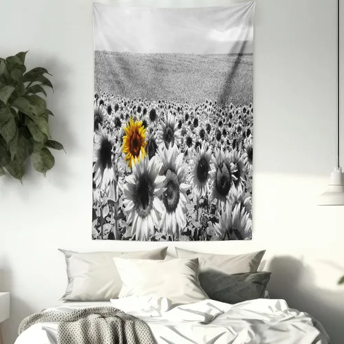 Vista 7 de Lunarable Tapiz moderno, campo de girasol, blanco y negro, una sola flor amarilla, paisaje, individualidad, decoración de tela para colgar