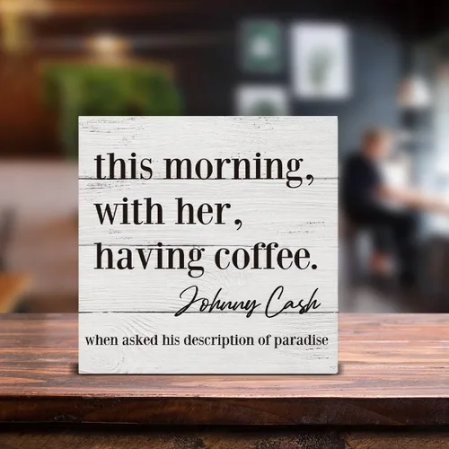 Vista 3 de HOIJAUMAI Letrero de madera con texto en inglés "This Morning with Her Having Coffee" (This Morning with Her Having Coffee) Letrero de madera