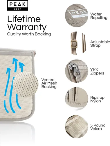 Vista 5 de Peak Gear Bolsa de viaje RFID con protección contra robos y servicio perdido y encontrado Beige (cartera de cuello)
