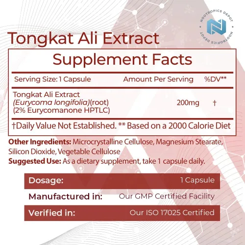 Vista 2 de Nootropics Depot Cápsulas de extracto de Tongkat Ali 200 mg 60 unidades 2% de Eurycomanona por HPTLC Extracto de raíz de Eurycoma longifolia