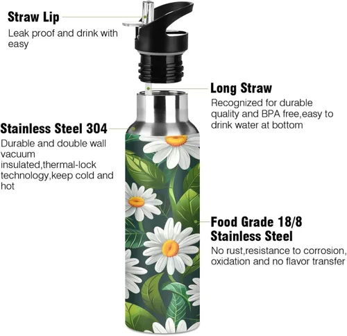 Vista 3 de BPA-Free Sports Water Bottle 32 Oz, Insulated Stainless Steel Water Bottle with Straw for Gym Outdoor Travel School, White Daisy Flowers Green Leaves