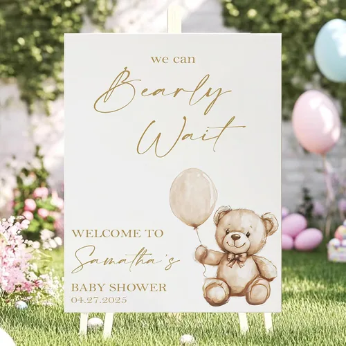 Vista 6 de Letrero de bienvenida con texto en inglés «We Can Bearly Wait Baby Show» para niño, tema de globo de oso de peluche azul Style#1