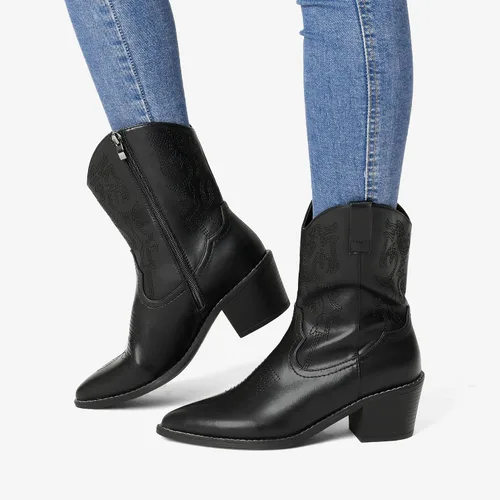 Vista 6 de DREAM PAIRS Botas vaqueras para mujer, puntera puntiaguda, tacón grueso, botas vaqueras con cierre de cremallera, botas occidentales cosidas