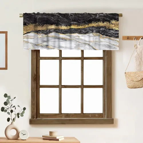 Vista 7 de Cortina de cenefa de mármol verde con venas doradas de mármol negro, diseño abstracto de lujo, elegante cenefa con bolsillo para barra, 1 panel