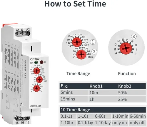 Vista 3 de GEYA Relé de tiempo multifunción 16A 10 opciones de función AC/DC12V-240V 1 Relé de control de salida (GRT8-M1, AC/DC12V-240V)