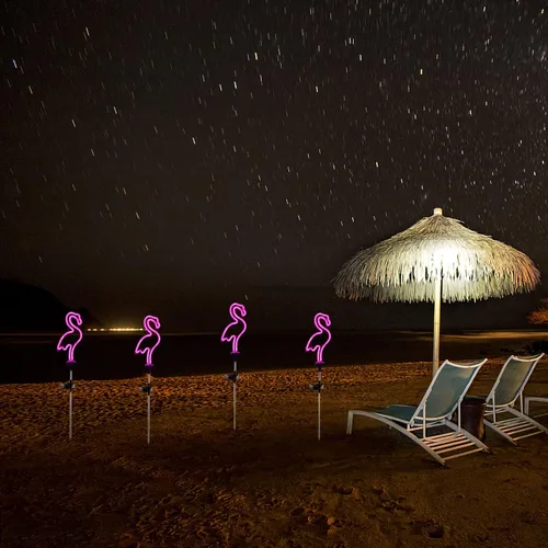 Vista 5 de Juego de 2 luces solares de flamenco rosa para jardín, luces solares para caminos para césped, patio, pasarela, iluminación rosa neón