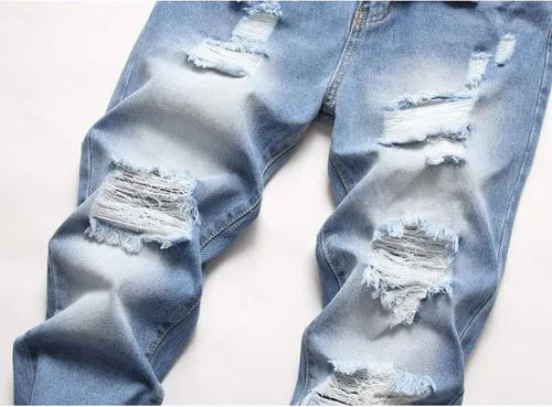 Vista 4 de Jeans rasgados para hombre, ajustados, ajuste regular, pierna cónica, desgastados, pantalones de mezclilla para hombre con agujero