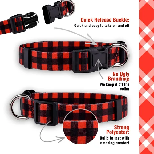 Vista 4 de Native Pup Collar de perro a cuadros, leñador rojo, tartán, azul, rosa, ajustable para perros grandes y pequeños (rojo, mediano)