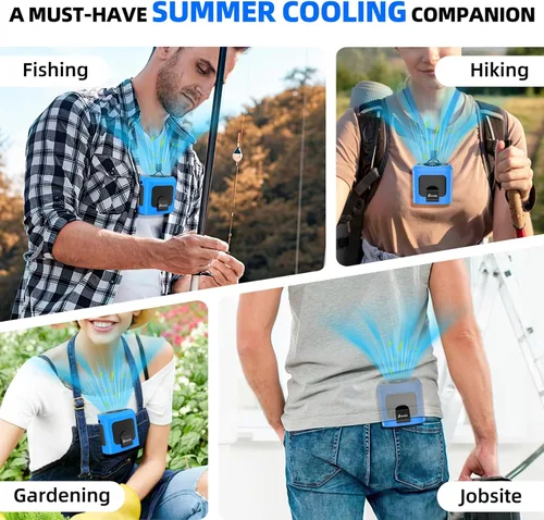 Vista 7 de Zeadio Ventilador portátil con clip de cintura, 4 velocidades, 10000 mAh, funciona con manos libres, con función de iluminación y carga para Azul