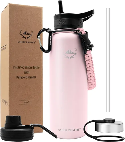 Vista 12 de NATURE PIONEOR Botellas de agua aisladas con mango de paracord - Botella de agua deportiva al vacío de boca ancha de 32 onzas con 3 tapas, acero