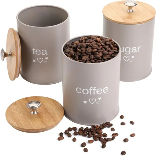 Vista 5 de Fasmov Juego de 3 recipientes de cocina, tarros de almacenamiento de café, azúcar y té con tapas de bambú para almacenar azúcar, café y té, gris