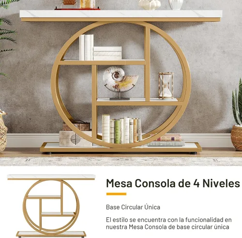 Vista 7 de Tribesigns Mesa de Consola de 41.3 pulgadas, Mesa Industrial de 4 Niveles para Sofá de Entrada con Base Circular, Mesas Decorativas de Madera Oro