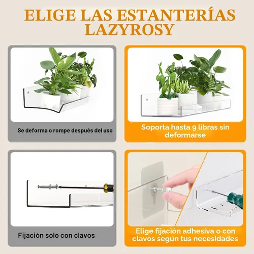Vista 3 de LAZYROSY Paquete de 4 estantes flotantes – Acrílico transparente/PET montado en la pared, sin taladro, almacenamiento con adhesivo, estantes