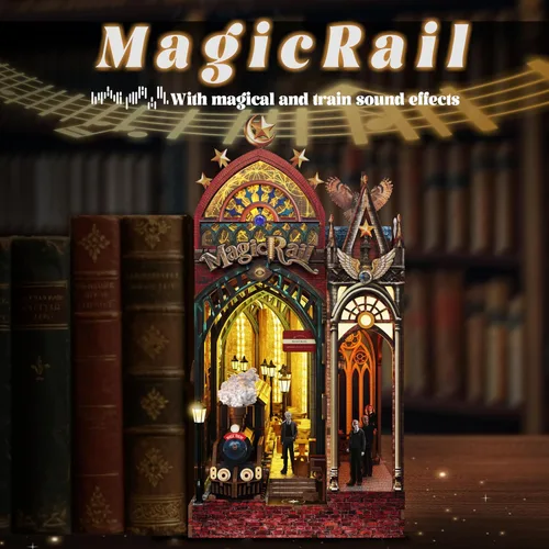 Vista 4 de Kit de rincón de libros, estante en miniatura para casa con luces LED y música, rompecabezas de madera 3D de estación de tren retro para adultos