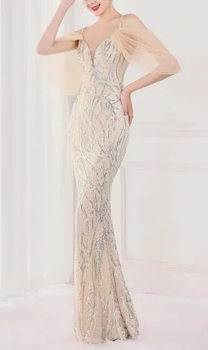 Vista 2 de Vestido de noche de sirena con lentejuelas y hombros descubiertos para mujer Albaricoque plateado
