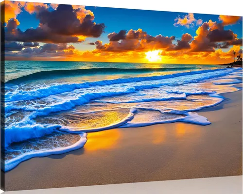Vista 64 de TutuBeer 3 paneles de fotos de playa, arte de pared, diseño de mar azul, playa blanca al amanecer, imágenes impresas en lienzo, imágenes del océano