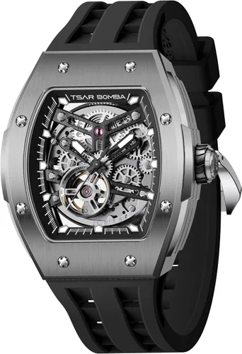 Vista 20 de Tsar Bomba Men's Automatic Watch Tonneau Luxury Skeleton Watch for Men Mechanical 50M Waterproof Wristwatch Gift for Men 08tc-whi