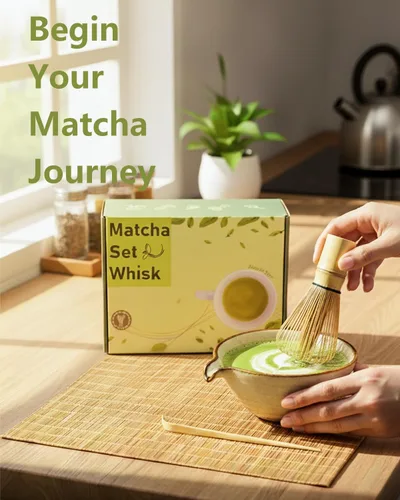 Vista 7 de Juego de batidor de matcha, juego de matcha, kit de matcha, cuenco de matcha con boquilla, cuchara, tamiz, batidor de bambú, soporte de Chasen
