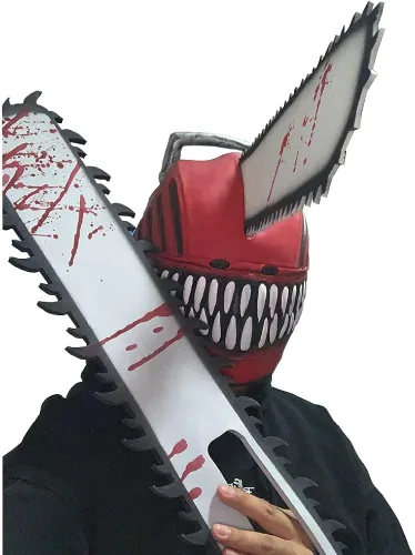 Vista 5 de SLDYLQ Máscara de hombre de motosierra de anime, máscara de Pochita Denji Bloody, máscara de payaso Denji para Halloween, cosplay y mascarada