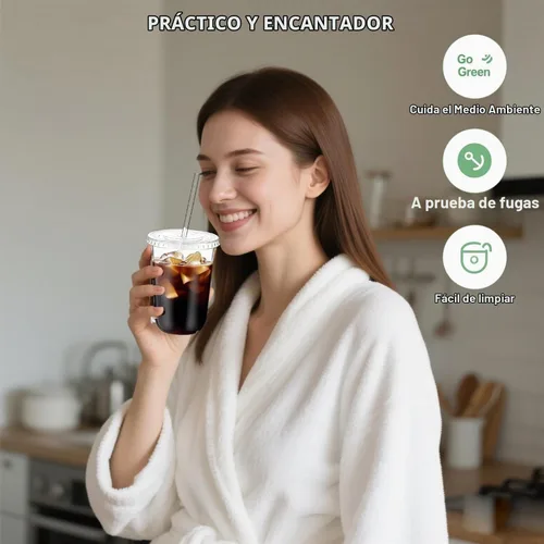 Vista 6 de 100 juegos de vasos de plástico desechables de 16 onzas sin tallo con tapas para sorber sin pajilla, tazas de café PET transparentes para café