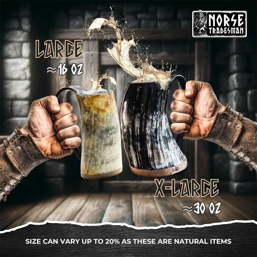 Vista 5 de Norse Tradesman LG Viking Cuerno para Beber - Jarra de Cuerno de Cerveza 100% Auténtica con Fondo de Madera Dura y Grabados de Anillos The