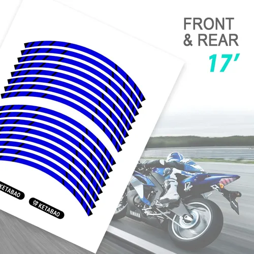 Vista 4 de KETABAO - Adhesivos para llantas de 17.2 in, diseño de rayas, S06, para Yamaha YZF, R6, R1, MT03, MT125, TRACER 700, MT09, FZ25, MT07 y MT10 (azul)
