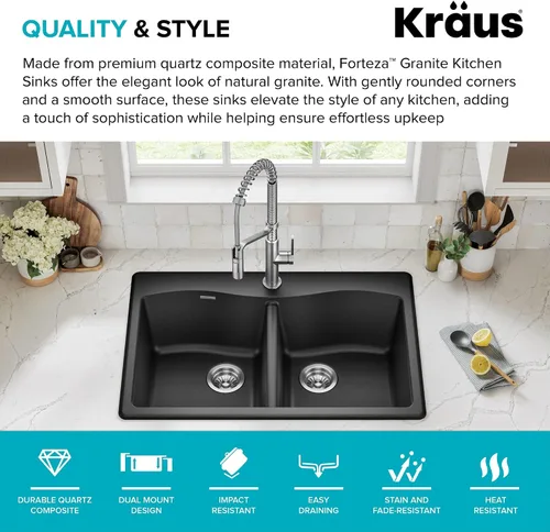Vista 2 de Kraus Forteza - Fregadero de cocina de doble seno 50/50 de granito de instalación empotrada/sobre encimera, 33 pulgadas, color negro (KGD-52BLACK)