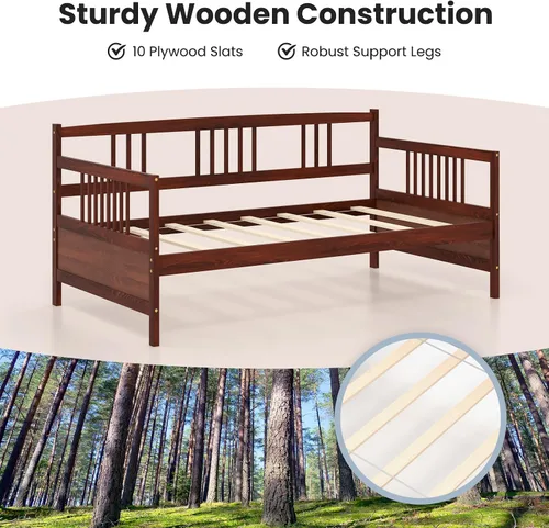Vista 5 de Giantex - Marco de cama doble de día, sofá cama de madera con rieles y soporte de listones de madera, marco de cama de plataforma tamaño individual