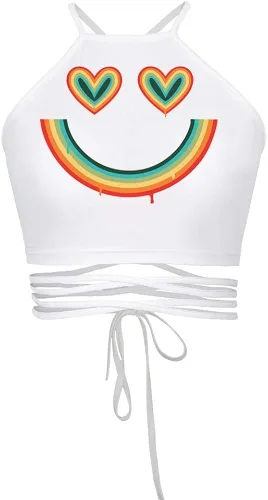 Vista 3 de JOXJOZ Chaleco corto de verano con estampado de arco iris y cuello halter para mujer talla única