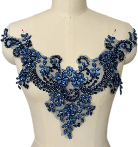 Vista 6 de Parches de encaje con flores y cuentas de perlas, apliques de strass para coser en ropa, cuello (AB)