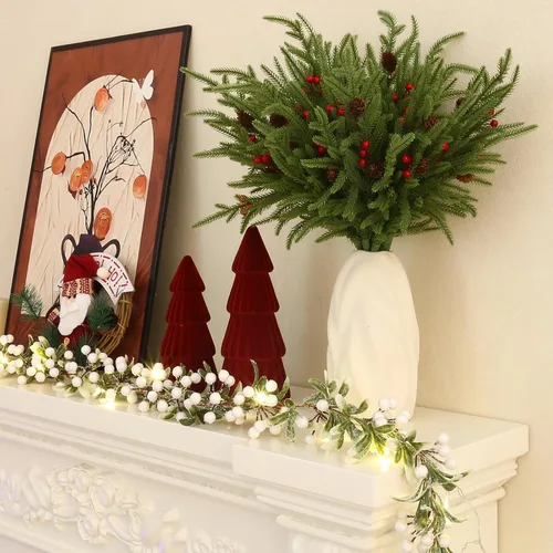Vista 8 de 24 piezas de tallos de pino Norfolk, ramas de pino artificiales de Navidad de 17", tallos de vegetación artificial de imitación, tallos de cedro