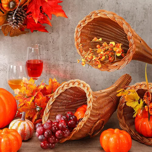 Vista 5 de Dandat 1 cesta de cornucopia de Acción de Gracias de 13.78 pulgadas, cuerno de Acción de Gracias, decoración de mesa de otoño, cornucopia para Vid