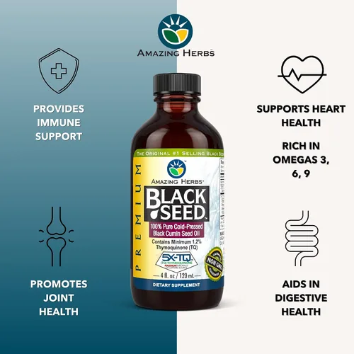 Vista 2 de Amazing Herbs Aceite de semilla negra de alta calidad, sin gluten, sin OMG, prensado en frío, Nigella sativa ayuda a la salud digestiva, apoyo