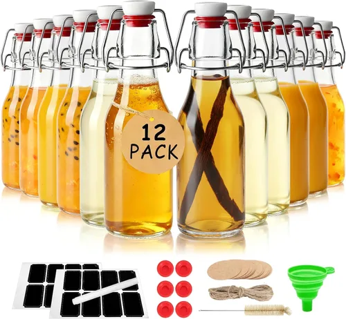 Vista 8 de Ruckae Paquete de 24 botellas de vidrio con tapa abatible de 4 onzas con tapas, botella de vidrio abatible de Kombucha Coquito para jarabe, extracto