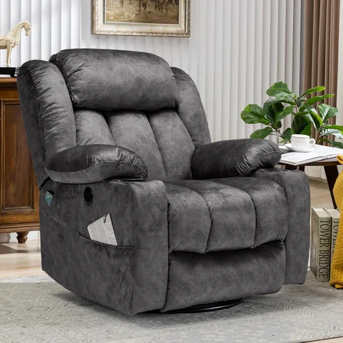 Vista 8 de MEETWARM Massage Swivel Rocker Recliner with Heat and Vibration, Manual Glider Rocking Recliner Chair, 360°Swivel Lounge Reclining Chair with Cup