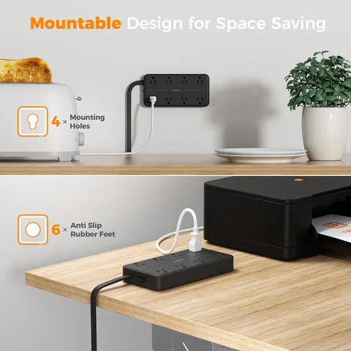 Vista 6 de TESSAN - Protector contra sobretensiones, cable de extensión de enchufe plano de 5 pies Negro