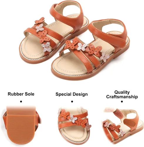 Vista 4 de Felix & Flora Sandalias para niña pequeña - Zapatos de vestir para niña de flores, puntera abierta, zapatos planos de verano para niños pequeños