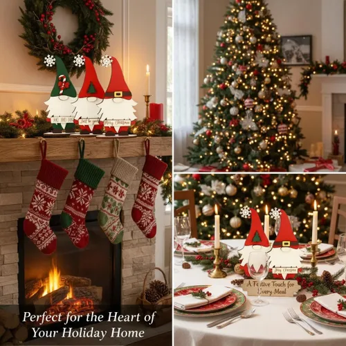 Vista 3 de Juego de 3 decoraciones de mesa de Navidad con gnomos de madera, decoración navideña para el hogar, oficina, chimenea, centro de mesa