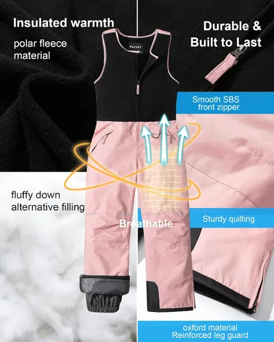 Vista 4 de Pursky Pantalones de nieve para niños, baberos de esquí de invierno para niña, con aislamiento, impermeables, pantalones de nieve de forro polar