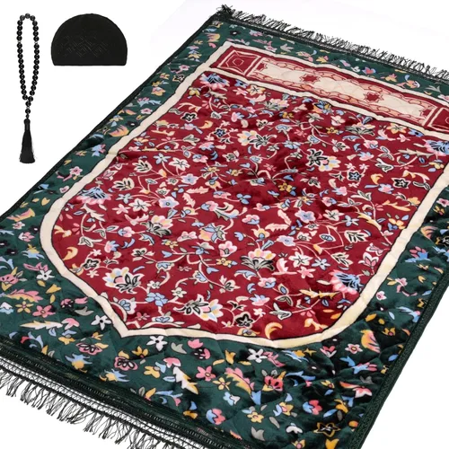 Vista 10 de Alfombra de oración musulmana con cuentas de oración Tasbih y sombrero de kufi, acolchada muy gruesa, alfombra de oración para hombres y mujeres